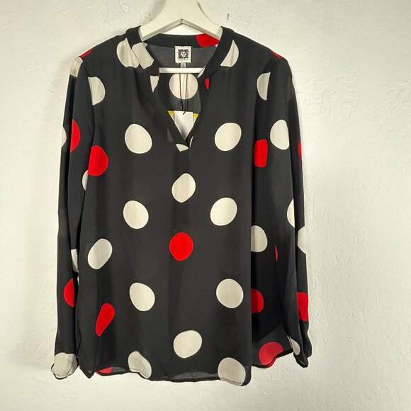 Anne Klein Womens Dot-Print Split-Neck Blouse Top Medium Black/Poppy Combo New - Picture 1 of 8